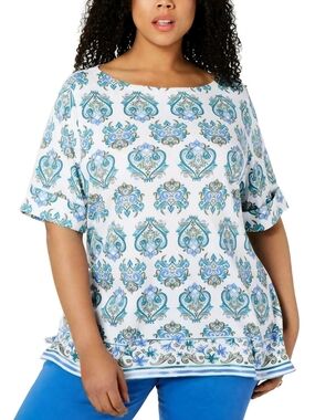 Karen Scott White Floral Medallion Short-Sleeve Top